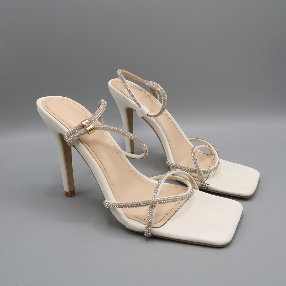 Women's Heels Strap Sandals Satin White Rhinestone 8M Wedding Formal
